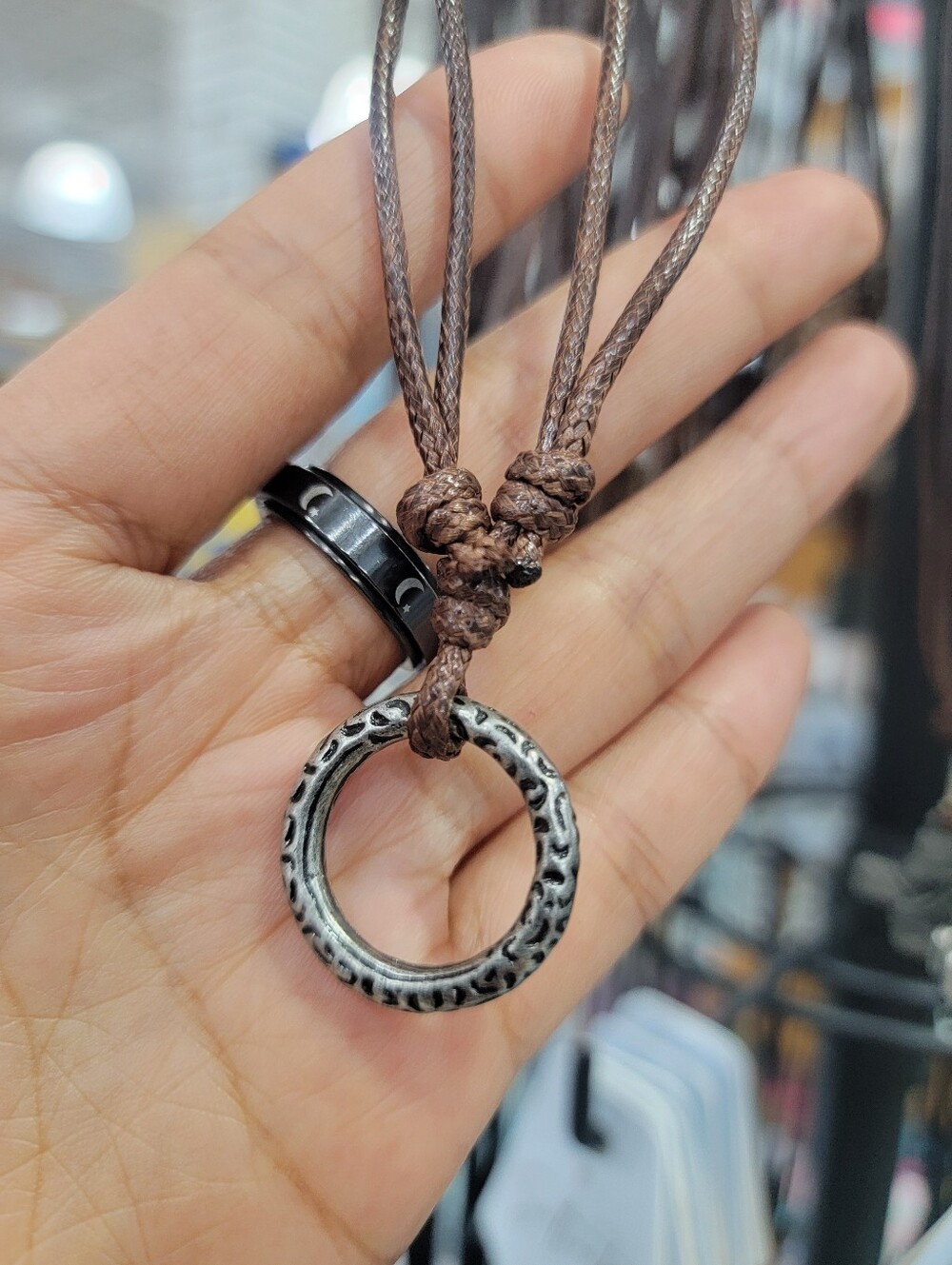 Brown Leather Cord Necklace with Textured Silver Ring Pendant - Men's Accessory